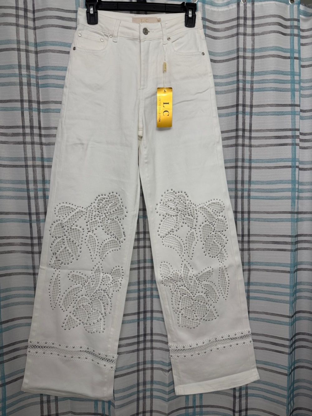 White Wide-Leg Eyelet Embroidered Pants